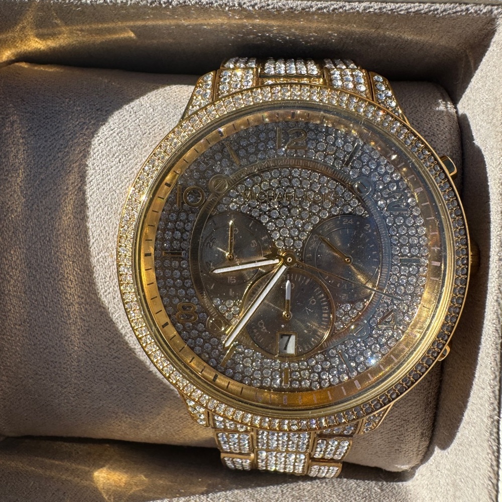 Gold Crystal-Embellished MK Watch